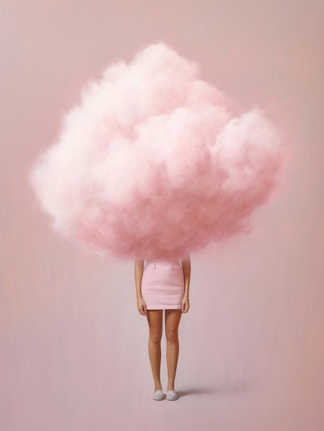 Arafowana kobieta w różowej sukience trzymająca chmurę na głowie