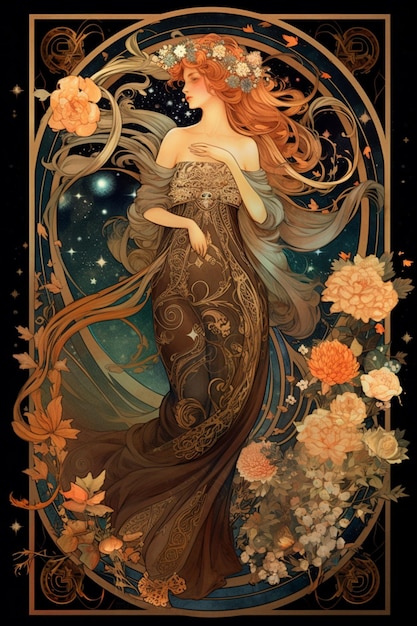 Arafowana kobieta w sukni z kwiatami i półksiężycem