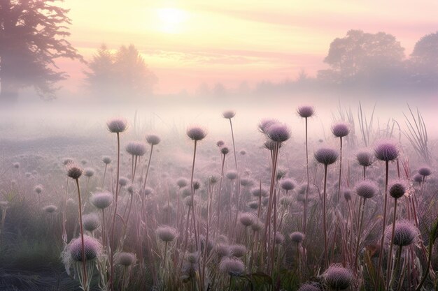 Zdjęcie arafowane pole kwiatów z mglistym wschodem słońca w tle ai generative