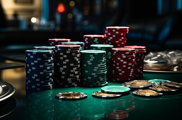 Arafowane stosy żetonów pokerowych na stole z generatywnymi monetami ai