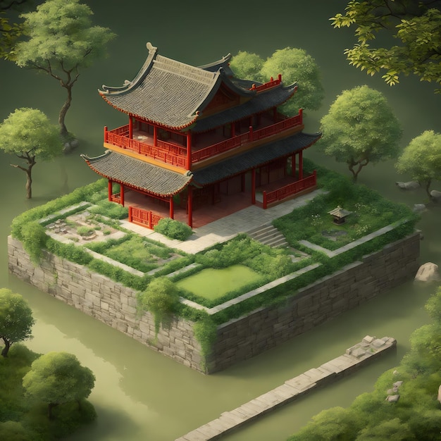 Arafowany obraz chińskiego budynku otoczonego drzewami i kamiennym murem
