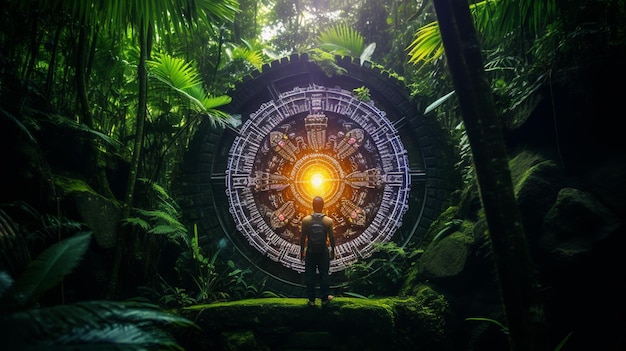 Zdjęcie arafowany obraz człowieka stojącego przed dużym zegarem w dżungli generatywny ai