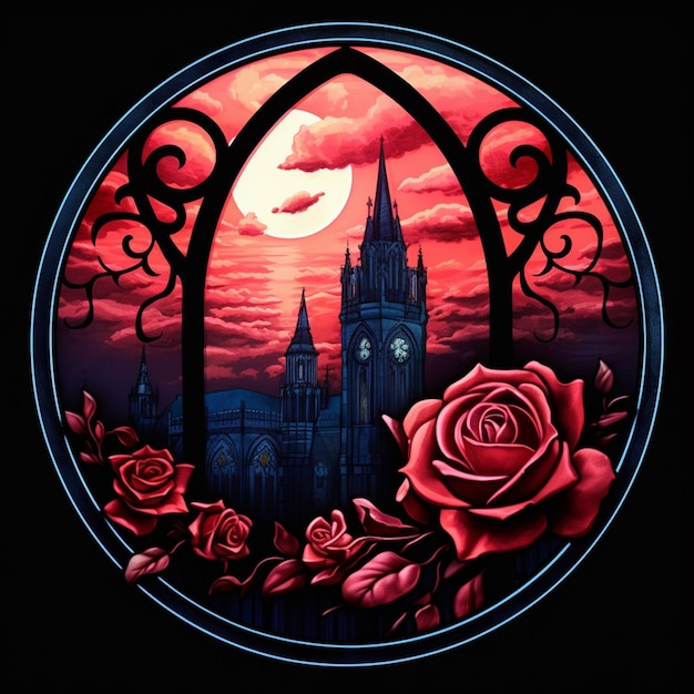 arafowany obraz gotyckiego zamku z wieżą zegarową i różami