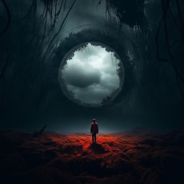 Arafowany obraz mężczyzny stojącego w ciemnym lesie generatywny ai
