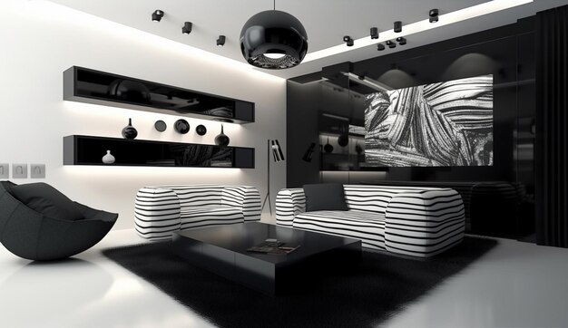Arafowany salon z kanapą w czarno-białe paski i czarnym krzesłem generatywnym ai