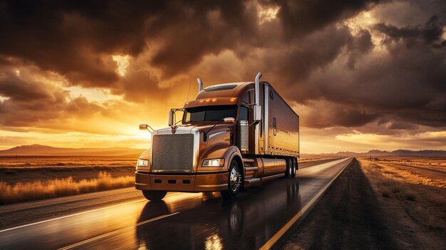 arafska ciężarówka jadąca drogą z dramatycznym zachodem słońca w tle generacyjna ai