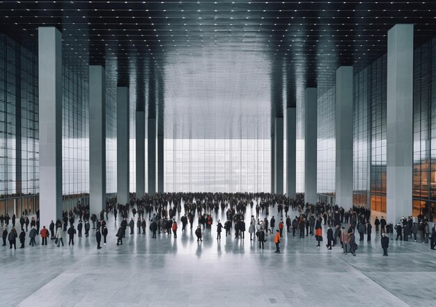 araful grupa ludzi spacerujących po dużym budynku z dużą ilością okien generujących sztuczną inteligencję