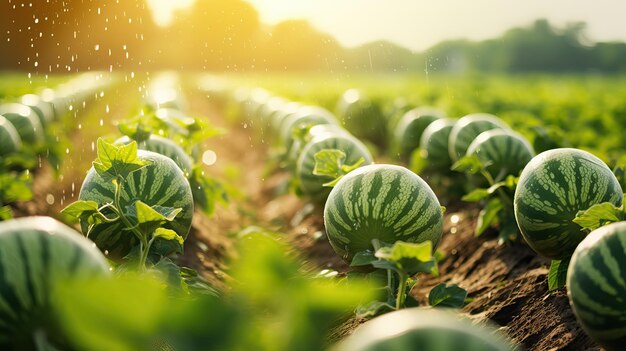 Arbuzy na zielonej plantacji arbuzów w lecie Na polu rolniczym