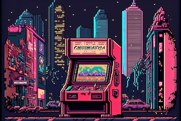 Arcade automatów Pixel Art z tłem miasta w stylu retro dla 8-bitowych gier AI