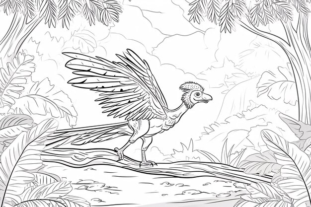 Archaeopteryx Dinozaur Czarno-biały Linear Doodles Line Art Kolorowanie Strona Kolorowanie dla dzieci Książka do malowania