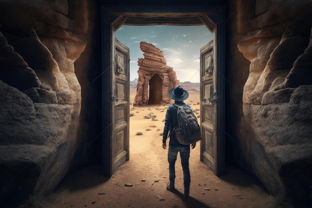Archeolog przy drzwiach starożytnej świątyni na pustyni AI