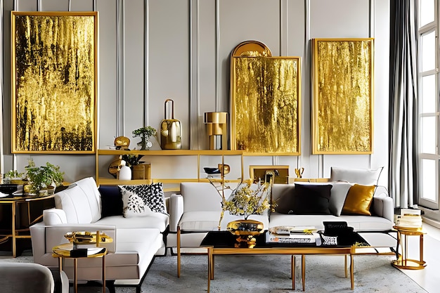 Architectural Digest zdjęcie salonu w stylu japońskim i skandynawskim ze złotym światłem