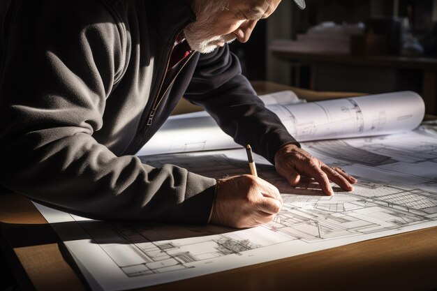 Zdjęcie architekt wykonujący plany i rysunki do projektu