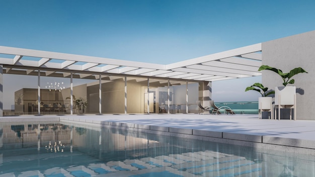 Architektoniczna animacja 3D nowoczesnego minimalistycznego domu z basenem i łóżkiem do opalania z widokiem na morze