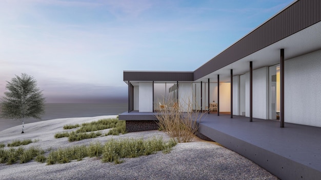 Architektoniczna ilustracja renderowania 3d nowoczesnego minimalistycznego projektu domu na zboczu wzgórza naturalny widok