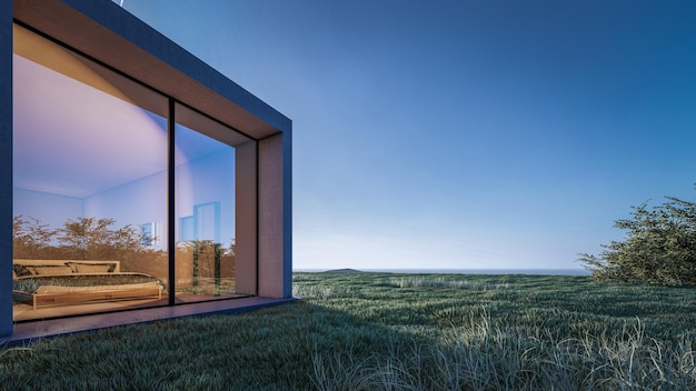 Architektoniczna ilustracja renderowania 3D nowoczesnego minimalnego domu z naturalnym krajobrazem