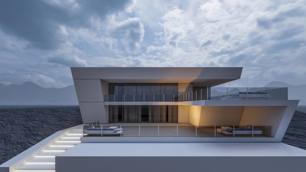 Architektura 3d renderująca ilustracja nowoczesnego minimalistycznego domu z naturalnym krajobrazem