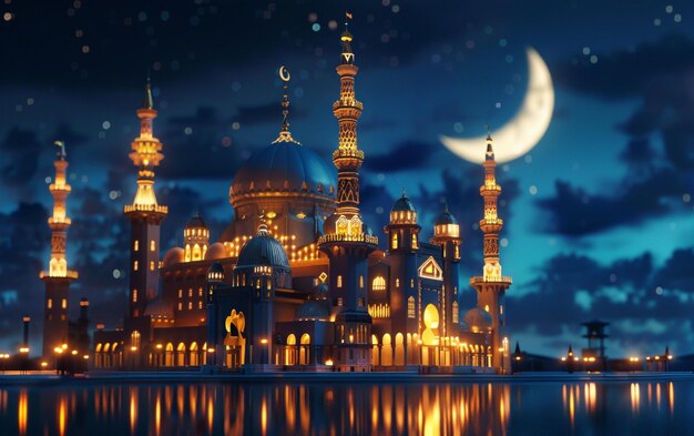 Zdjęcie architektura budynku meczetu w nocy z księżycem