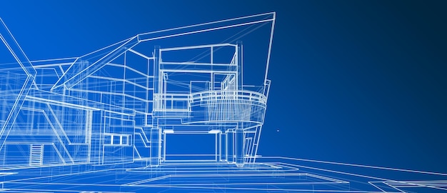 Architektura Koncepcja Projektu Elewacji Zewnętrznej 3d Perspektywa Biały Szkielet Renderowania Gradient Niebieskie Tło