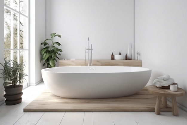Architektura łazienki biały dom spa luksusowe wnętrze wanna dom drewno nowoczesny Generative AI