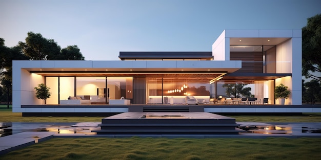 Architektura nowoczesnego minimalistycznego domu z dużymi panoramicznymi oknami i terenem zielonym