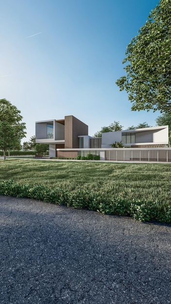 Architektura renderowania 3d ilustracji minimalnego nowoczesnego domu z naturalnym krajobrazem