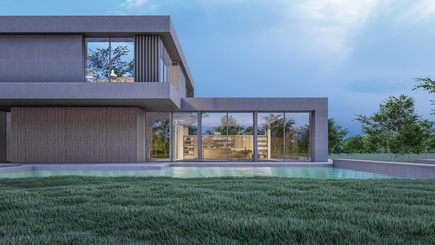 Architektura renderowania 3d ilustracji nowoczesnego minimalnego domu z basenem