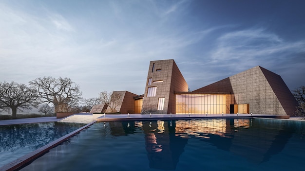 Architektura renderowania 3d ilustracji nowoczesnego minimalnego domu z odbiciem wody