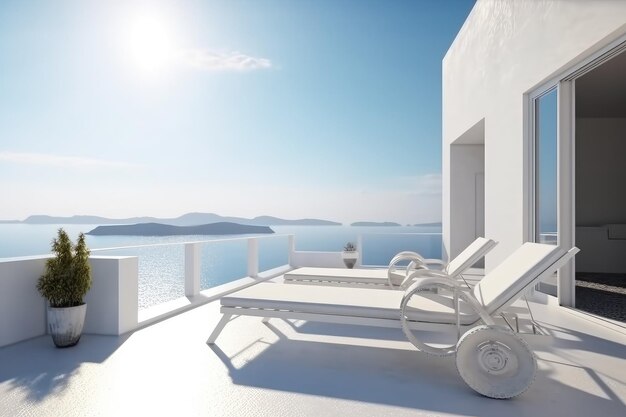 Architektura w stylu Santorini z widokiem na morze i leżakiem