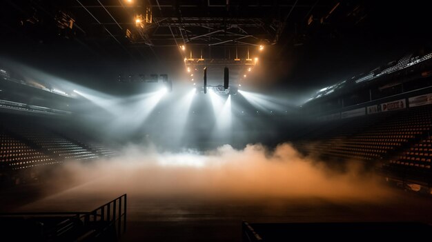 Arena do koszykówki z jasnymi światłami i dymem