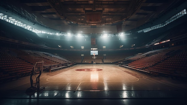 Arena do koszykówki z pustymi siedzeniami i światłami generującymi ai