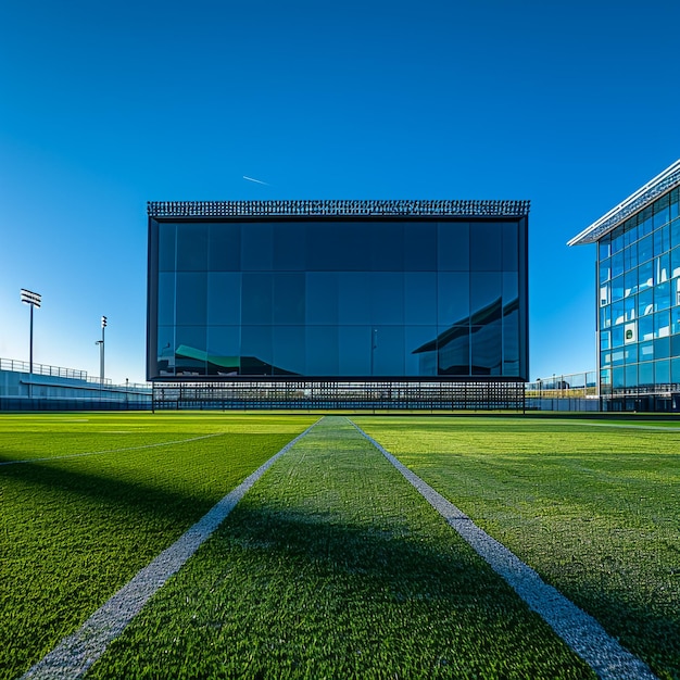 Zdjęcie arena piłki nożnej amerykańskiej z żółtym bramkowym słupem, trawiastym polem i rozmytymi fanami na placu zabaw, widok 3d, reflektory, koncepcja outdoot sportów, meczów mistrzostw w piłce nożnej, przestrzeń gry