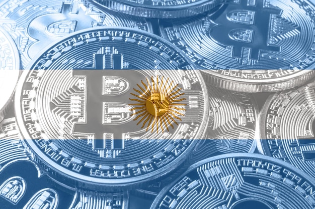 Argentyna flaga bitcoin, flaga narodowa koncepcja kryptowaluty czarne tło