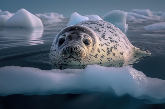 Arktyczna foka obrączkowana w swoim naturalnym środowisku w lodowatych wodach Oceanu Arktycznego