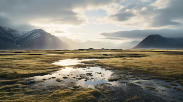 Arktyczne mokradła Spokojny krajobraz zachodów słońca z wodą i trawą