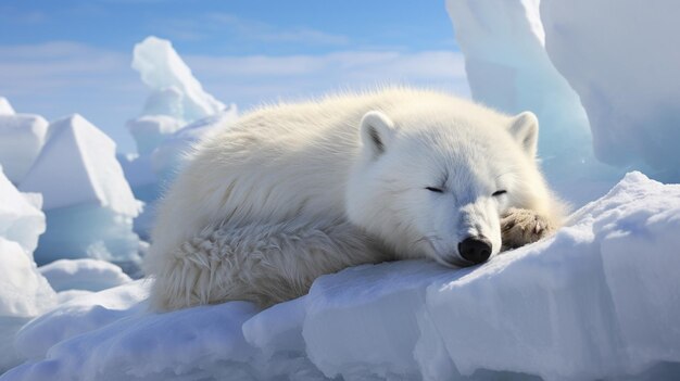 Arktyczny lis śpiący na paczce lodu Arktyczne wybrzeże Alaski Arktyczny lisa zwinięty śpi w śniegu