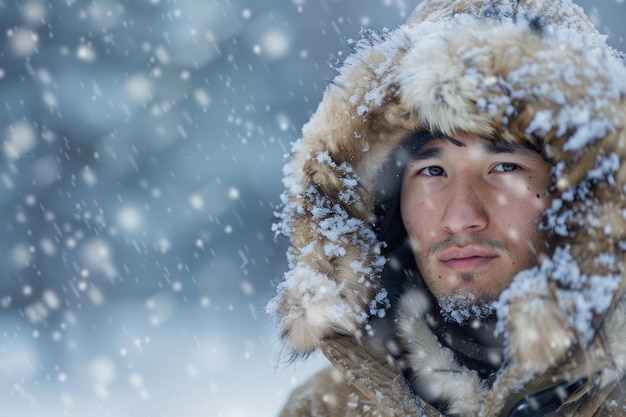 Zdjęcie arktyczny portret rdzennego człowieka eskimo w tradycyjnej futrowej parce ze śniegiem na śnieżnym sztormie na niebieskim tle