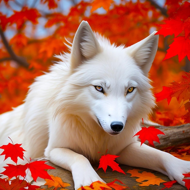 Arktyczny wilk patrzący na kamerę w jesień generowany przez sztuczną inteligencję