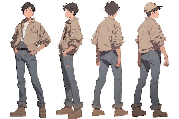 Arkusz koncepcyjny postaci anime 2D przedstawiający różne style mody i odzieży