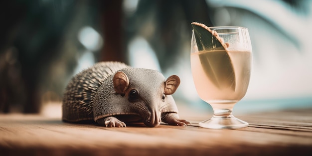 Armadillo jest na wakacjach w nadmorskim kurorcie i relaksuje się na letniej plaży