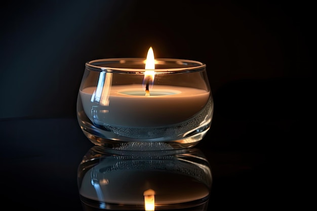 Aromatyczna świeca w przezroczystym szklanym pojemniku z widocznym odbiciem płomienia