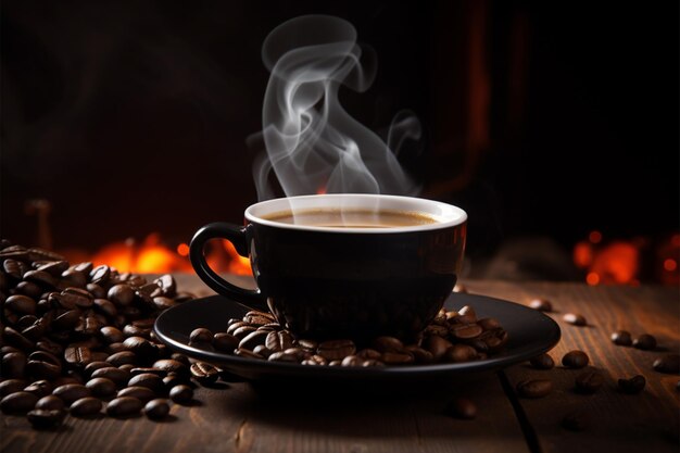 Zdjęcie aromatyczny początek poranna filiżanka kawy z fasolą i dymem aromatycznym