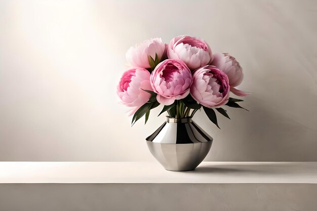 Arrangement wazonów peony na białym tle z metalową rzeźbą origami jako minimalistyczny dekor