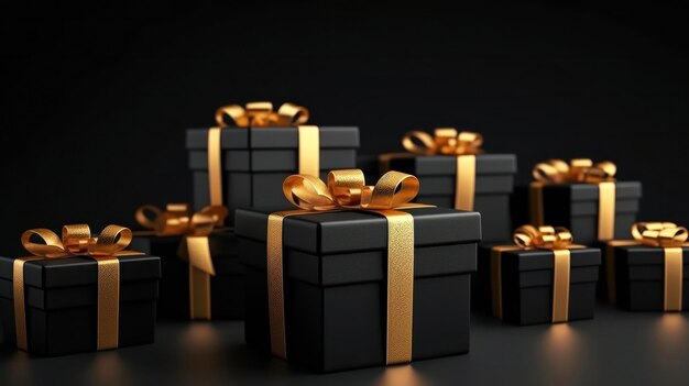 Arrangowane pudełka z prezentami zawinięte w czarny papier ze złotą wstążką na czarnym tle czarny piątek lub