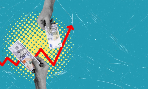 Art collage dolary i euro wzrastają w wartości