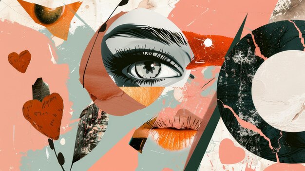 Art collage z sercami i oczami Valentine39s dzień sztuki z oczami i ustami Dziwna sztuka z krzykiem i twarzą kota Nowoczesny papier konturowy i tekstura półtonowa