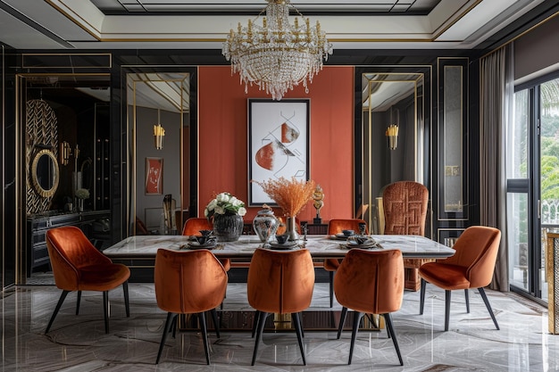 Art Deco jadalnia z prostokątnym stołem z marmurem