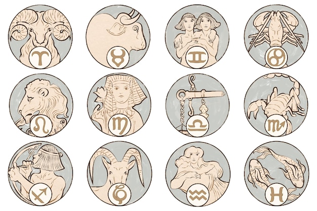 Art nouveau 12 znaków zodiaku png zmiksowane z dzieł sztuki Alphonse Maria Mucha