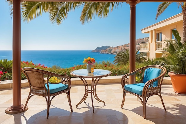 Art nouveau artystyczny obraz krzeseł i stołu z napojami na patio hotelu z widokiem na śródziemnomorską letnią plażę i wille w tle palmy rośliny miękkie jasne ciepłe kolory