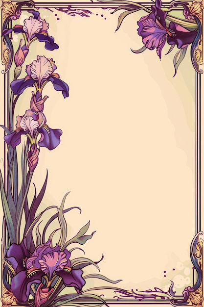 Art Nouveau Purpurowa ramka Iris na pastelowym tle